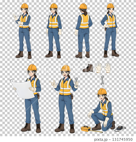 Civil engineer wearing hard hat holding construction project drawing. Character constructor for animation. Front, side and back view set. Body parts, postures, poses collection. illustration design. 131745950
