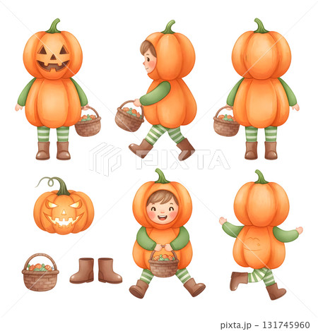 Halloween character set. character constructor for animation. Front, side and back view set. Body parts, postures, poses collection. Watercolour illustration design 131745960