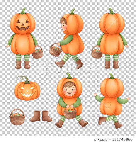 Halloween character set. character constructor for animation. Front, side and back view set. Body parts, postures, poses collection. Watercolour illustration design 131745960