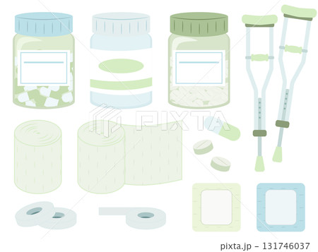 薬と包帯などの医療用品セットの可愛いイラスト 薬と包帯などの医療用品セットの可愛いイラスト 131746037