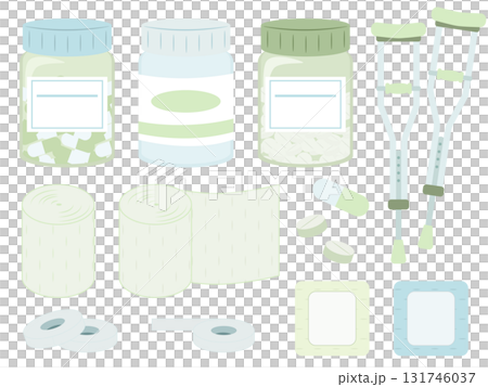 薬と包帯などの医療用品セットの可愛いイラスト 薬と包帯などの医療用品セットの可愛いイラスト 131746037