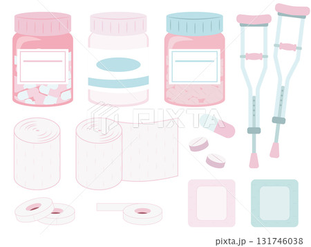 薬と包帯などの医療用品セットの可愛いイラスト 131746038