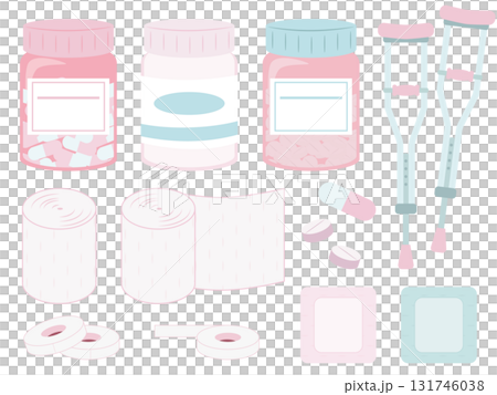 薬と包帯などの医療用品セットの可愛いイラスト 131746038