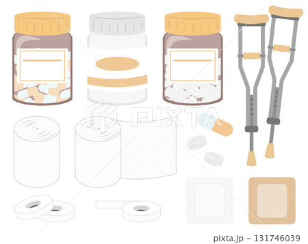 薬と包帯などの医療用品セットの可愛いイラスト 131746039
