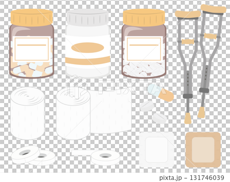 薬と包帯などの医療用品セットの可愛いイラスト 131746039