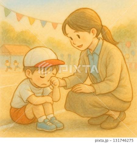 運動会　泣いてしまった子どもを励ます先生（パステルカラー/線画） 131746275
