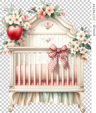 A charming baby crib adorned with flowers a red apple and a gingham bow 131746349