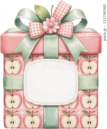 A pastel pink gift box with an apple pattern adorned with bows and a blank tag A pastel pink gift box with an apple pattern adorned with bows and a blank tag 131746360