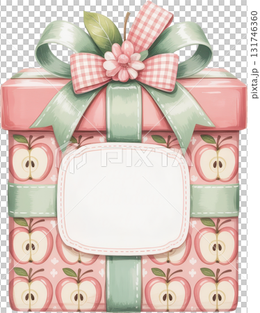 A pastel pink gift box with an apple pattern adorned with bows and a blank tag A pastel pink gift box with an apple pattern adorned with bows and a blank tag 131746360
