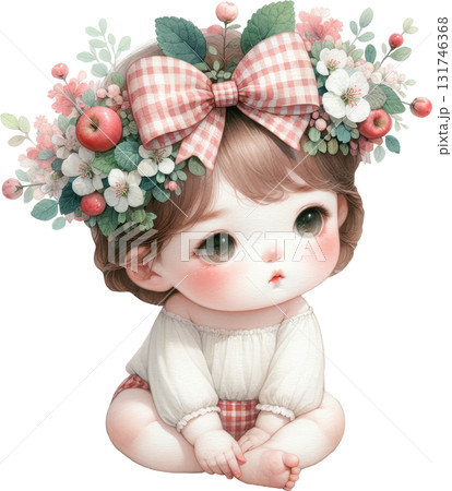 Adorable baby girl adorned with a floral wreath and red gingham bow Adorable baby girl adorned with a floral wreath and red gingham bow 131746368