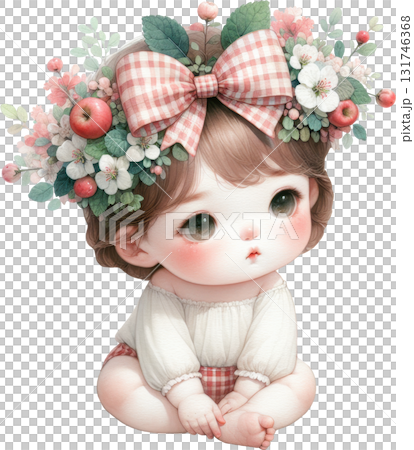 Adorable baby girl adorned with a floral wreath and red gingham bow Adorable baby girl adorned with a floral wreath and red gingham bow 131746368