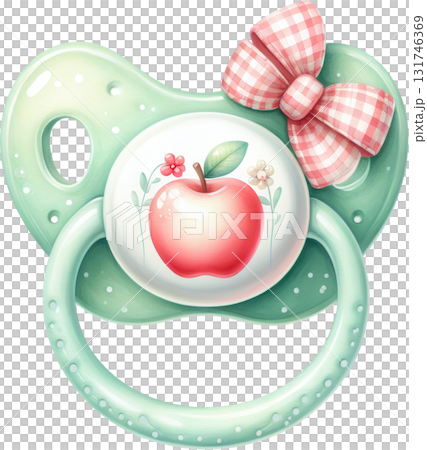 Adorable pastel green baby pacifier with a red apple and pink bow 131746369