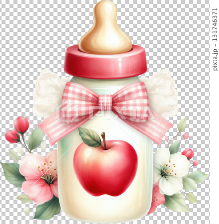 Charming baby bottle with a red apple and pink bow Charming baby bottle with a red apple and pink bow 131746371