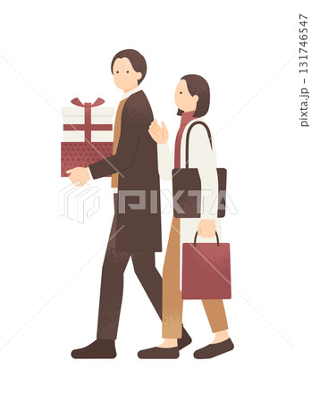 冬の街を歩きながら会話するカップルのベクターイラスト素材 クリスマスのプレゼントを買う男女 131746547