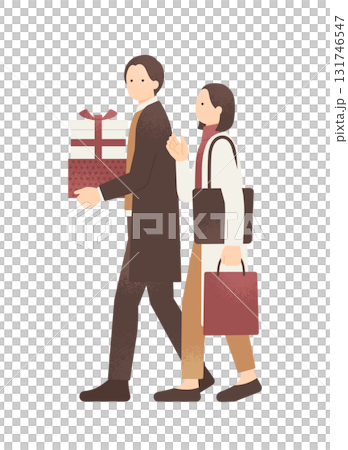 冬の街を歩きながら会話するカップルのベクターイラスト素材 クリスマスのプレゼントを買う男女 131746547
