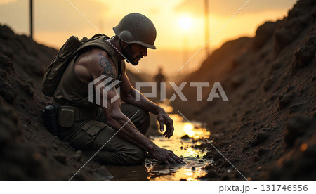 戦場で悲しみに暮れる兵士 131746556