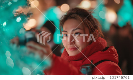 冬のイルミネーションの中でスマホ撮影をする女性 131746761