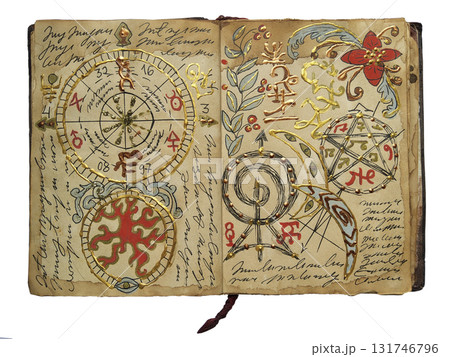 Old pages with decorations and witchy mystic symbols of the magic spell book isolated on white. Gothic, occult, Halloween and esoteric background. Only fantasy letters, no foreign language 131746796