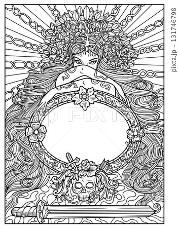 Fantasy engraved line art illustration with beautiful girl with long hair and floral patterns for coloring page, tattoo, print, tarot cards, book cover. Mystic, epic and vintage concept 131746798
