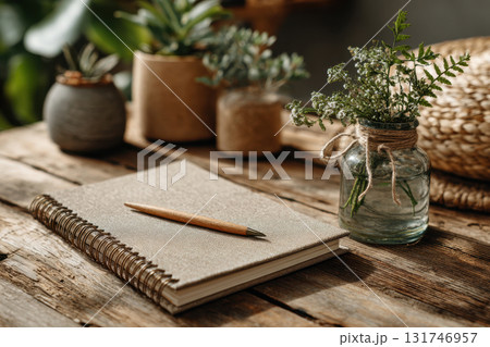 Natural workspace with notebook and plants on wooden table Natural workspace with notebook and plants on wooden table 131746957
