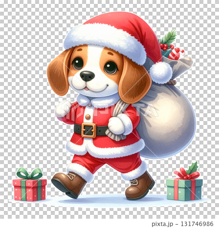 Illustration 1 of Santa Claus's beagle carrying a gift bag / flyer or poster material 131746986