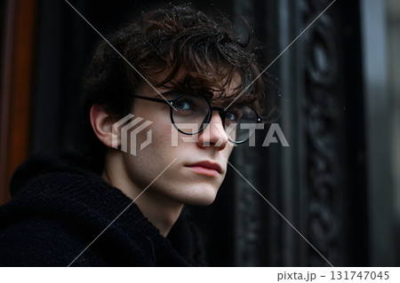 眼鏡の若い男性ポートレート。冷静で知的な印象のクローズアップ写真 131747045