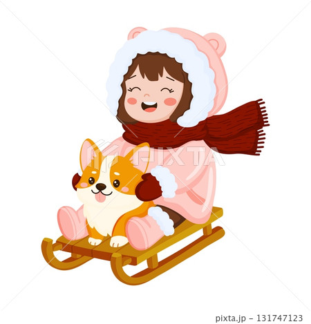 Little Girl and Corgi Dog Sledding 131747123