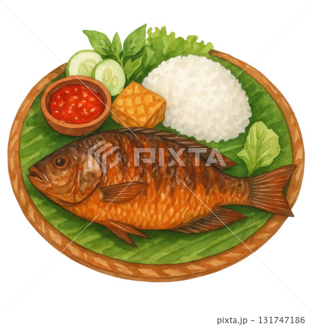 Watercolor Illustration of Grilled Tilapia Nila Bakar with Sambal Rice and Vegetables on Traditional Indonesian Plate With Sambal Chilli Sauce, Rice, Tempeh and Vegetables 131747186