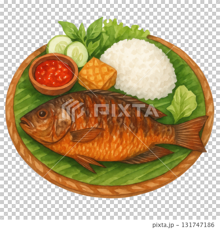 Watercolor Illustration of Grilled Tilapia Nila Bakar with Sambal Rice and Vegetables on Traditional Indonesian Plate With Sambal Chilli Sauce, Rice, Tempeh and Vegetables 131747186
