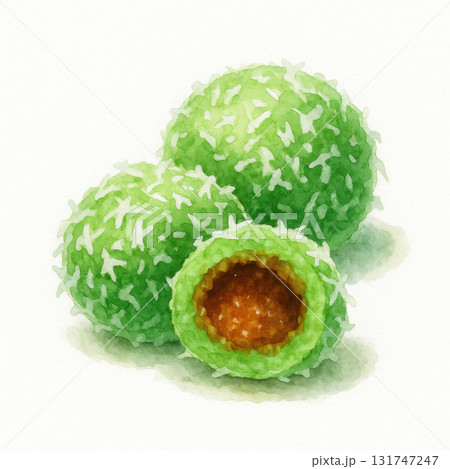 Watercolor illustration of green klepon rice cake with grated coconut and brown sugar filling, isolated on white background, detailed texture and vibrant colors 131747247
