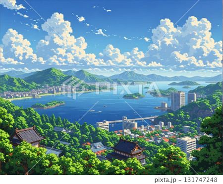 ピクセルアートで描かれた瀬戸内海と山々、寺院を含む広大な港町の眺め 131747248