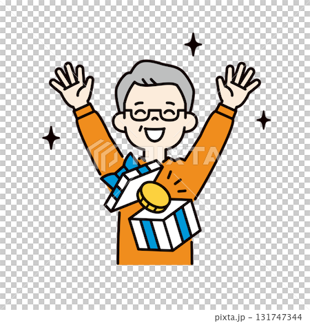 一個簡單的上身向量插圖，描繪的是一位老人因贏得積分而高興。 131747344