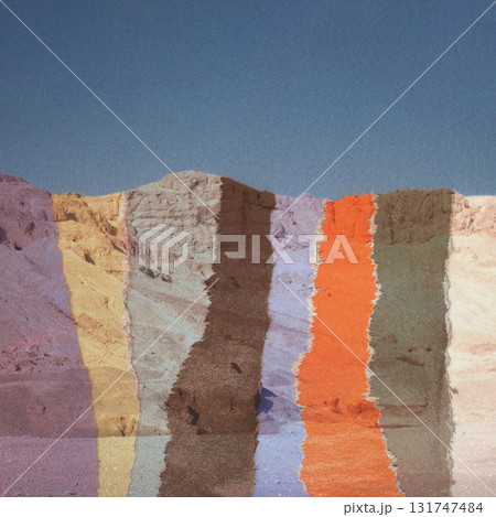 Abstract collage illustration of colorful mountains and blue sky 131747484