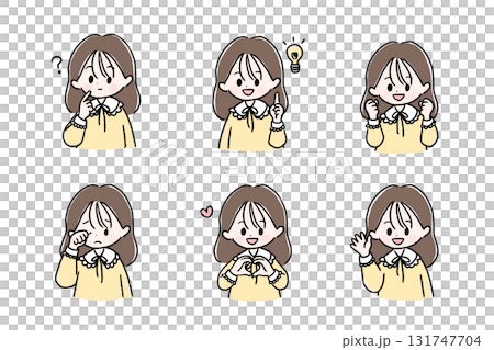 Cute girl character with ruffle sleeves, set of facial expressions and poses 131747704