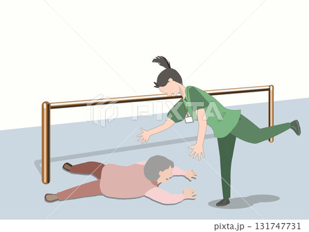 歩行訓練中に転倒した老人を介助しようとしている慌てた介護士のカラーイラスト 歩行訓練中に転倒した老人を介助しようとしている慌てた介護士のカラーイラスト 131747731