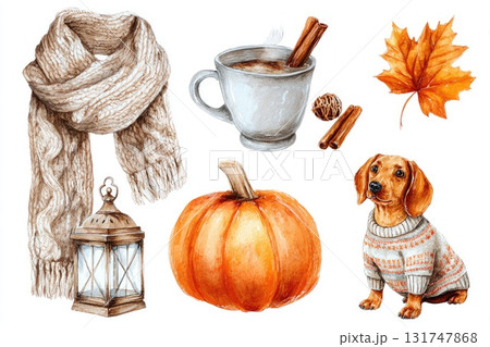 Cozy autumn illustration featuring warm scarf, pumpkin, dog, and seasonal elements 131747868