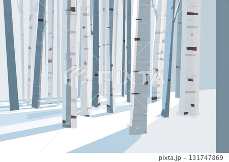 Minimalist illustration of a serene winter forest with tall white birch trees and soft shadows Minimalist illustration of a serene winter forest with tall white birch trees and soft shadows 131747869
