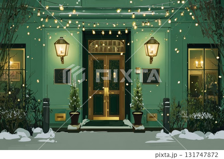Festive green building entrance adorned with lights and snow, creating a cozy winter atmosphere 131747872