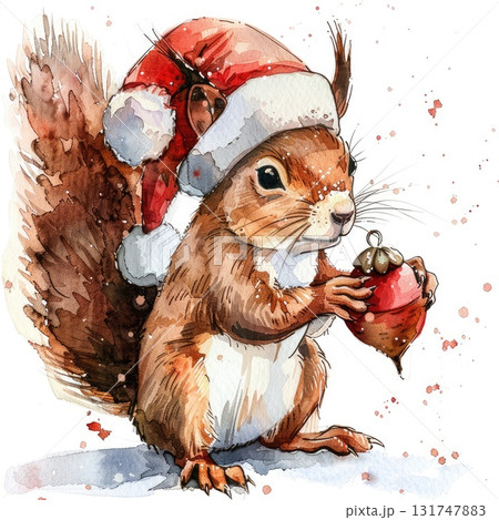 Squirrel wearing Santa hat holding acorn in festive watercolor illustration with holiday spirit 131747883
