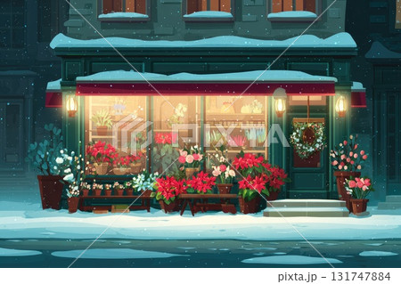 Charming flower shop illustration with vibrant blooms and snowy winter scene outside 131747884