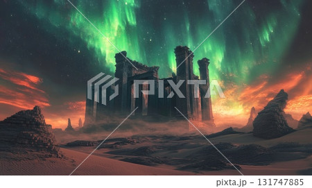 Ancient ruins under vibrant auroras in a mystical desert landscape at twilight 131747885