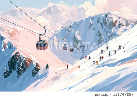 Ski resort scene with colorful gondolas and skiers on snowy slopes in a picturesque mountain landscape 131747887