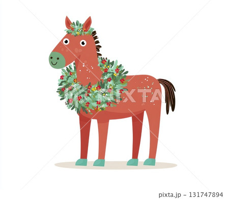 Playful horse adorned with festive wreath, showcasing cheerful holiday spirit in vibrant colors Playful horse adorned with festive wreath, showcasing cheerful holiday spirit in vibrant colors 131747894
