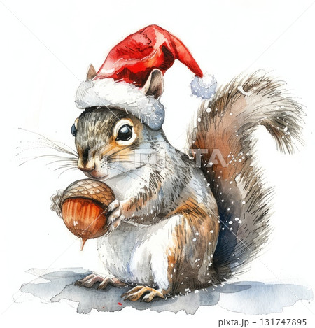 Cute squirrel wearing a red Santa hat holding an acorn in a snowy winter scene illustration 131747895