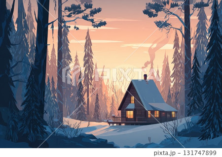 Cozy wooden cabin in snowy forest during sunset with warm light glowing from windows 131747899
