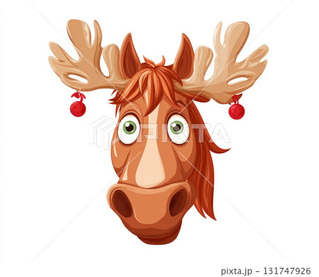 Cartoon illustration of a cheerful moose with antlers adorned with festive ornaments 131747926