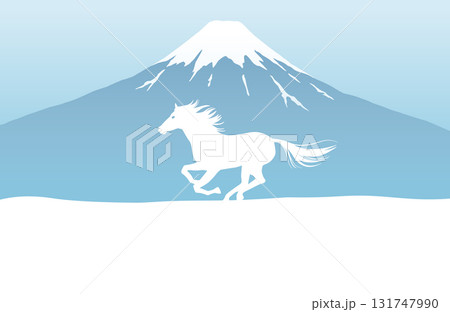 午年の年賀状テンプレート　雪景色の富士山と駆ける馬　コピースペース 131747990