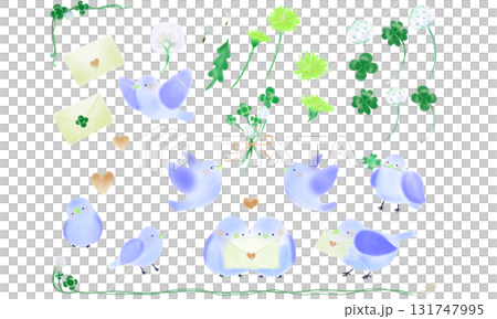 Set illustration of a little bird and clover (blue) Set illustration of a little bird and clover (blue) 131747995