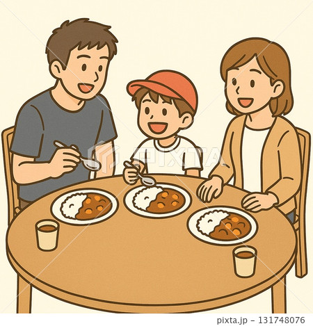 家族で食事をしているイラスト　Generative AI 131748076