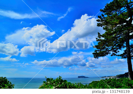 湘南海岸 稲村ヶ崎公園からの相模湾と江の島 白い雲 湘南海岸 稲村ヶ崎公園からの相模湾と江の島 白い雲 131748139